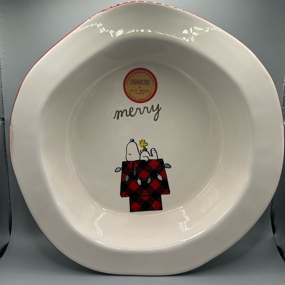 Rae Dunn Peanuts Snoopy Woodstock MERRY PLAID Pie Baking Plate 9.5 Inches NEW - Picture 1 of 3